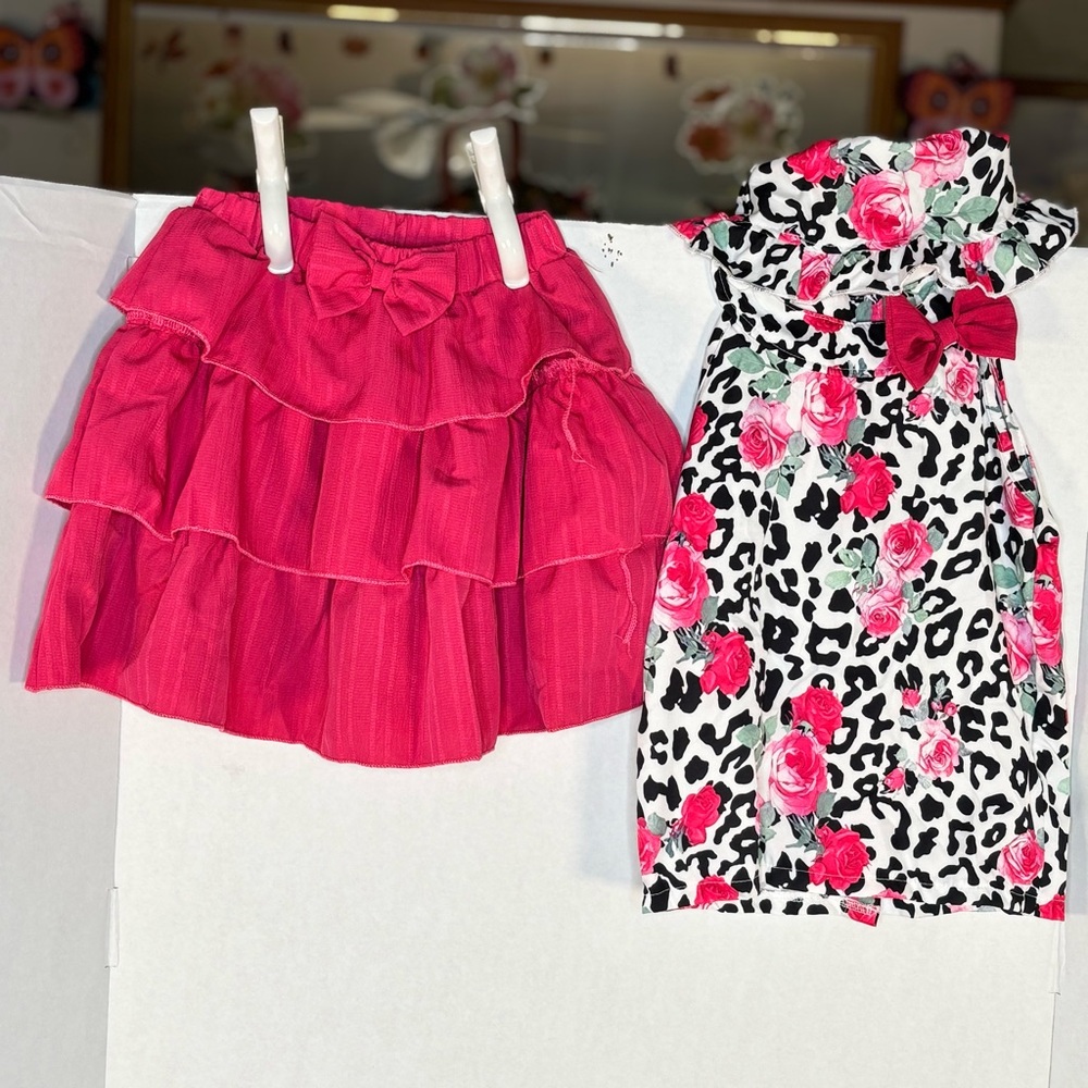 Girls 3 Pc Hot Pink Tiered Skirt and Floral Leopard Shirt with  Matching Hat  4T